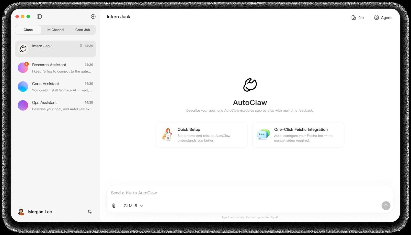 The real AutoClaw app: a sidebar with agent chats, IM channels, and cron jobs, and a conversation view where the agent works through a task step by step